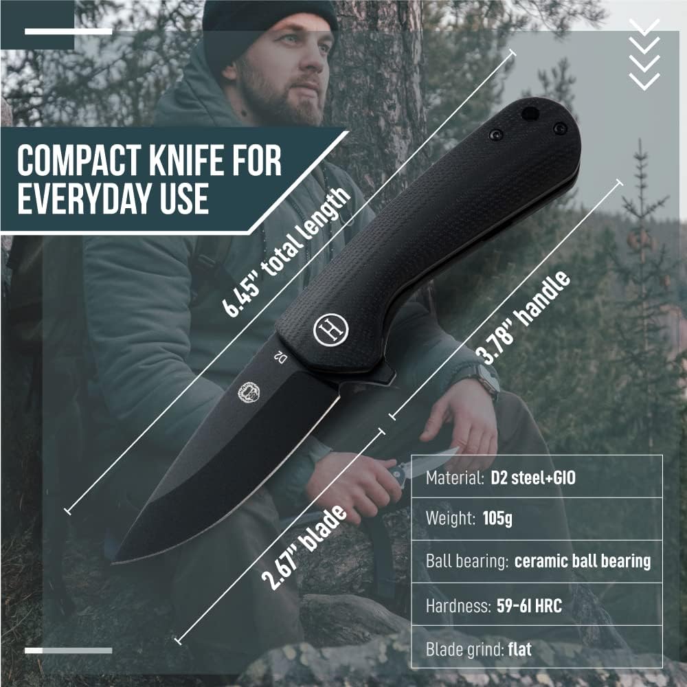 EDC Folding Pocket Knife D2 Steel Blade & G10 Handle for Daily Carry