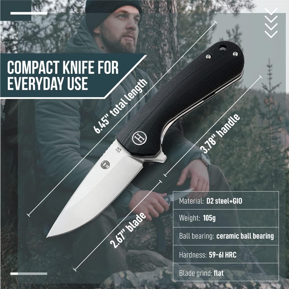 EDC Folding Pocket Knife D2 Steel Blade & G10 Handle for Daily Carry