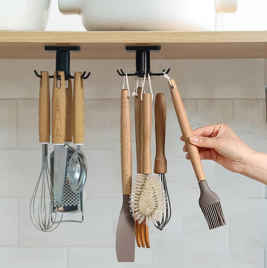 2pcs Under Cabinet Kitchen Utensil Hooks,360° Rotating Drilling Free Adhesive Utensils Hanging Rack for Tools/Towel/Knife (Black)