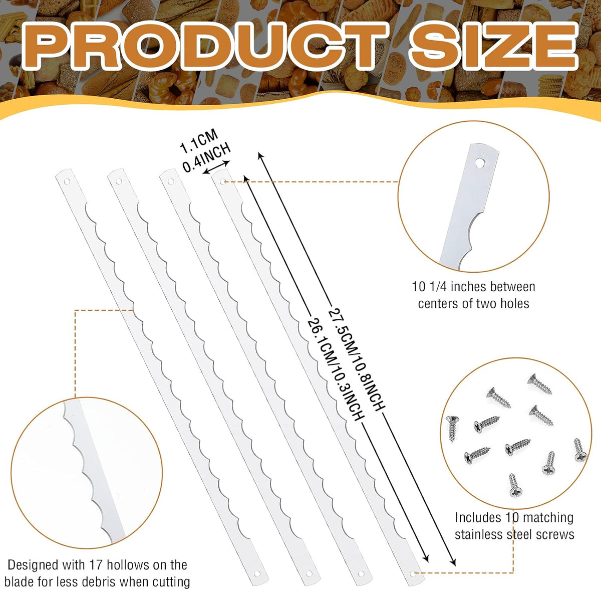 4 Pcs Bread Bow Knife Blades Stainless Steel Replacement Blade Serrated Bread Blade with Screws for Wooden baking Knife