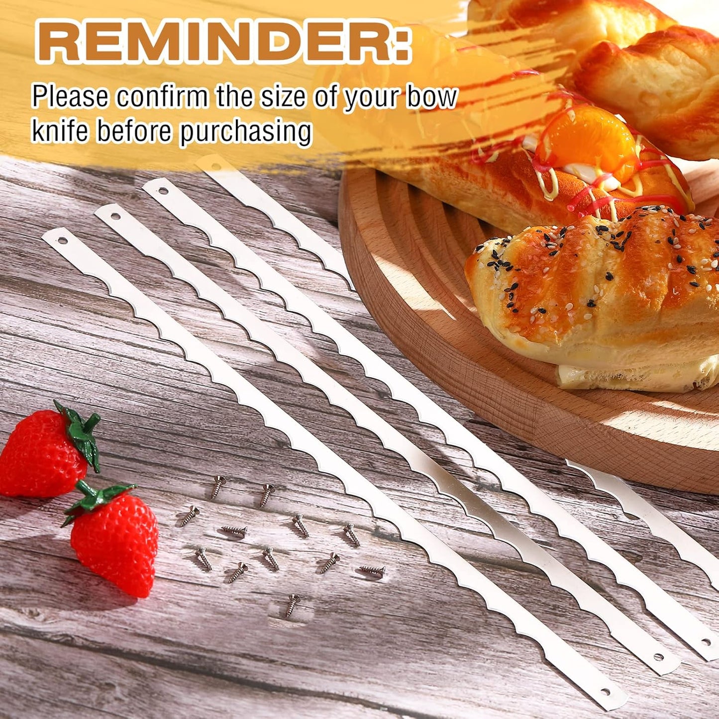 4 Pcs Bread Bow Knife Blades Stainless Steel Replacement Blade Serrated Bread Blade with Screws for Wooden baking Knife