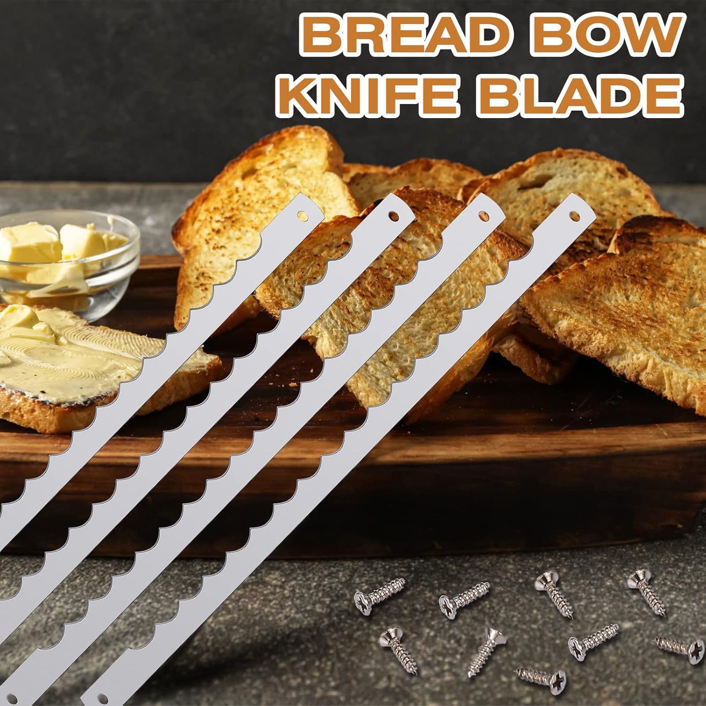4 Pcs Bread Bow Knife Blades Stainless Steel Replacement Blade Serrated Bread Blade with Screws for Wooden baking Knife