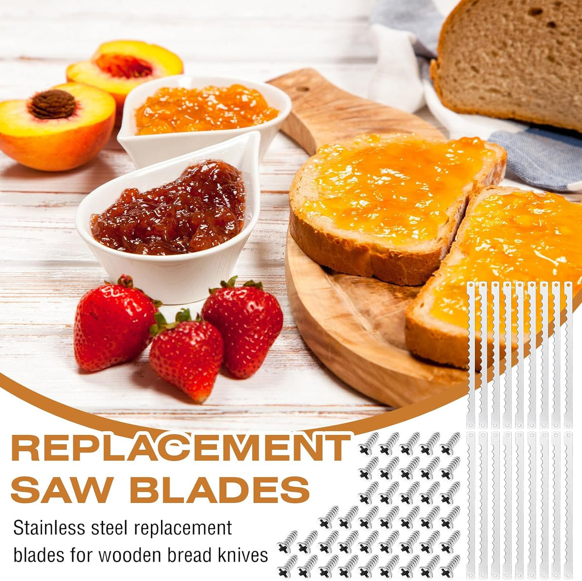 4 Pcs Bread Bow Knife Blades Stainless Steel Replacement Blade Serrated Bread Blade with Screws for Wooden baking Knife