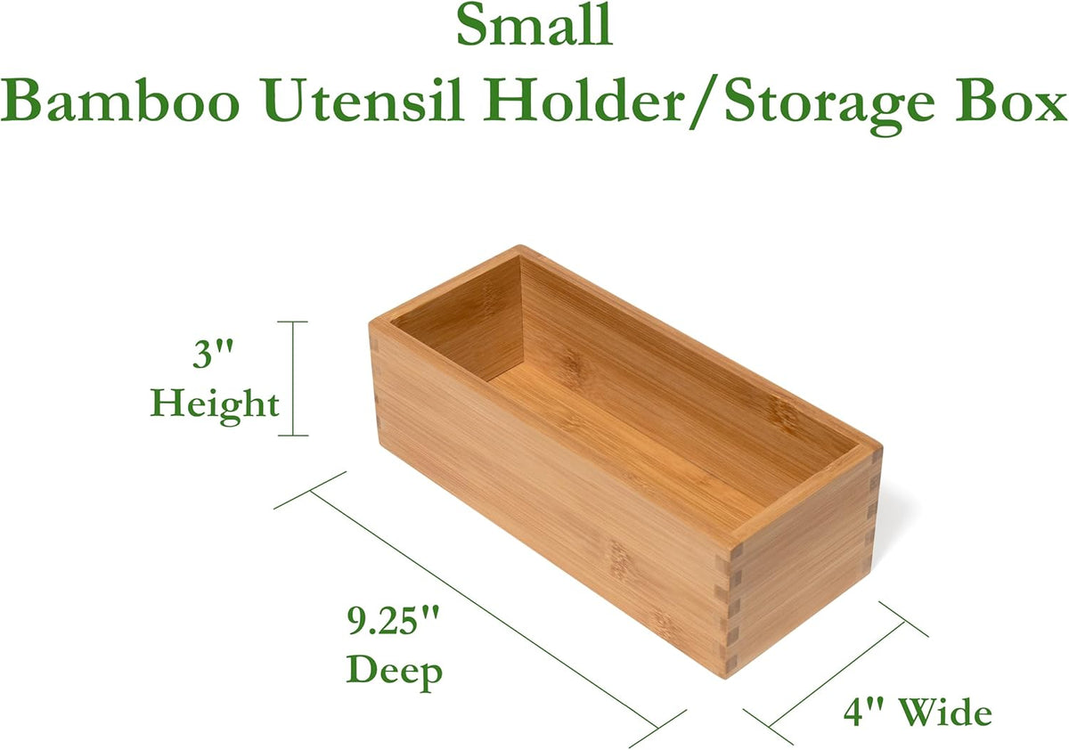 Bamboo Wood Utensil Holder Storage Box for Cooking Tools, Makeup, or Office Supplies, 4" x 9 1/4" x 3"
