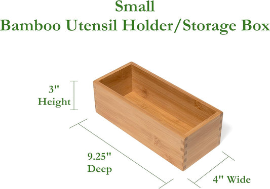 Bamboo Wood Utensil Holder Storage Box for Cooking Tools, Makeup, or Office Supplies, 4" x 9 1/4" x 3"