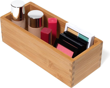 Bamboo Wood Utensil Holder Storage Box for Cooking Tools, Makeup, or Office Supplies, 4" x 9 1/4" x 3"
