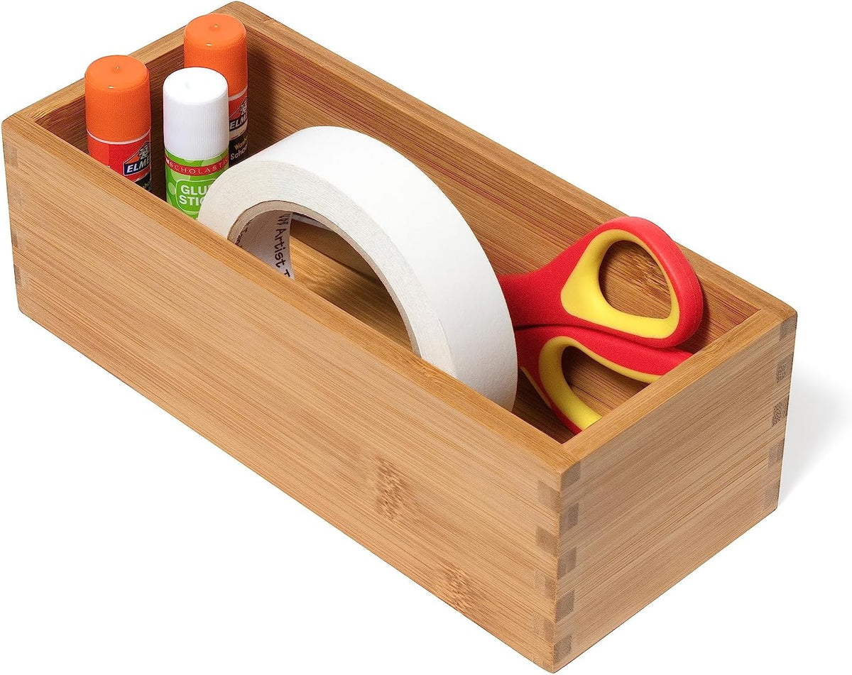 Bamboo Wood Utensil Holder Storage Box for Cooking Tools, Makeup, or Office Supplies, 4" x 9 1/4" x 3"