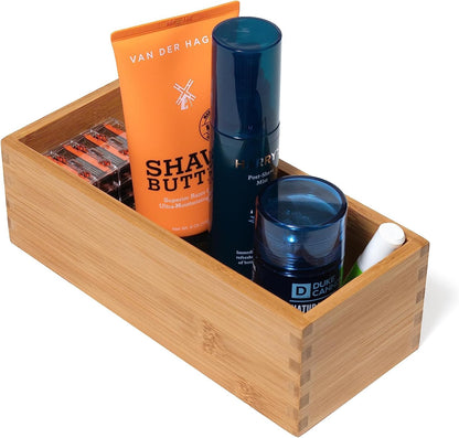Bamboo Wood Utensil Holder Storage Box for Cooking Tools, Makeup, or Office Supplies, 4" x 9 1/4" x 3"