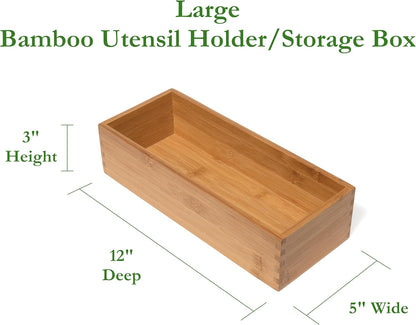 Bamboo Wood Utensil Holder Storage Box for Cooking Tools, Makeup, or Office Supplies, 4" x 9 1/4" x 3"