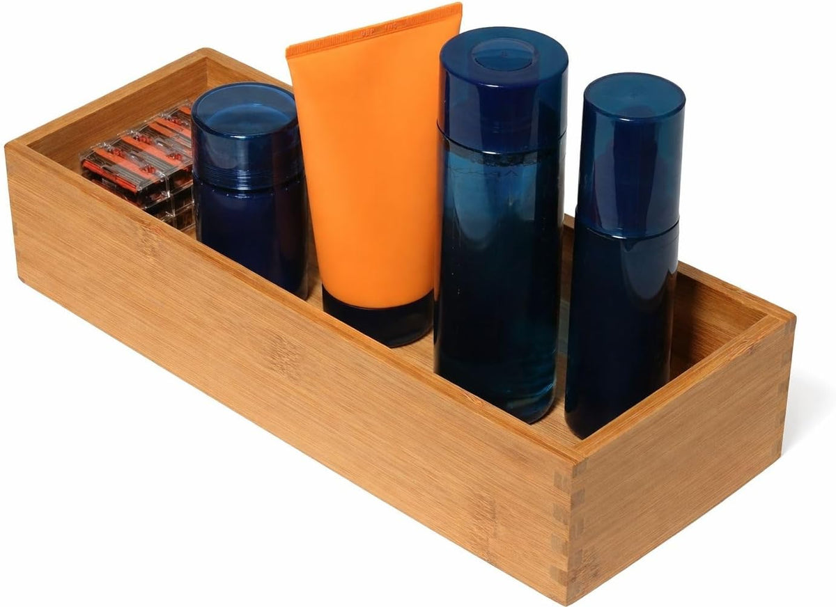 Bamboo Wood Utensil Holder Storage Box for Cooking Tools, Makeup, or Office Supplies, 4" x 9 1/4" x 3"