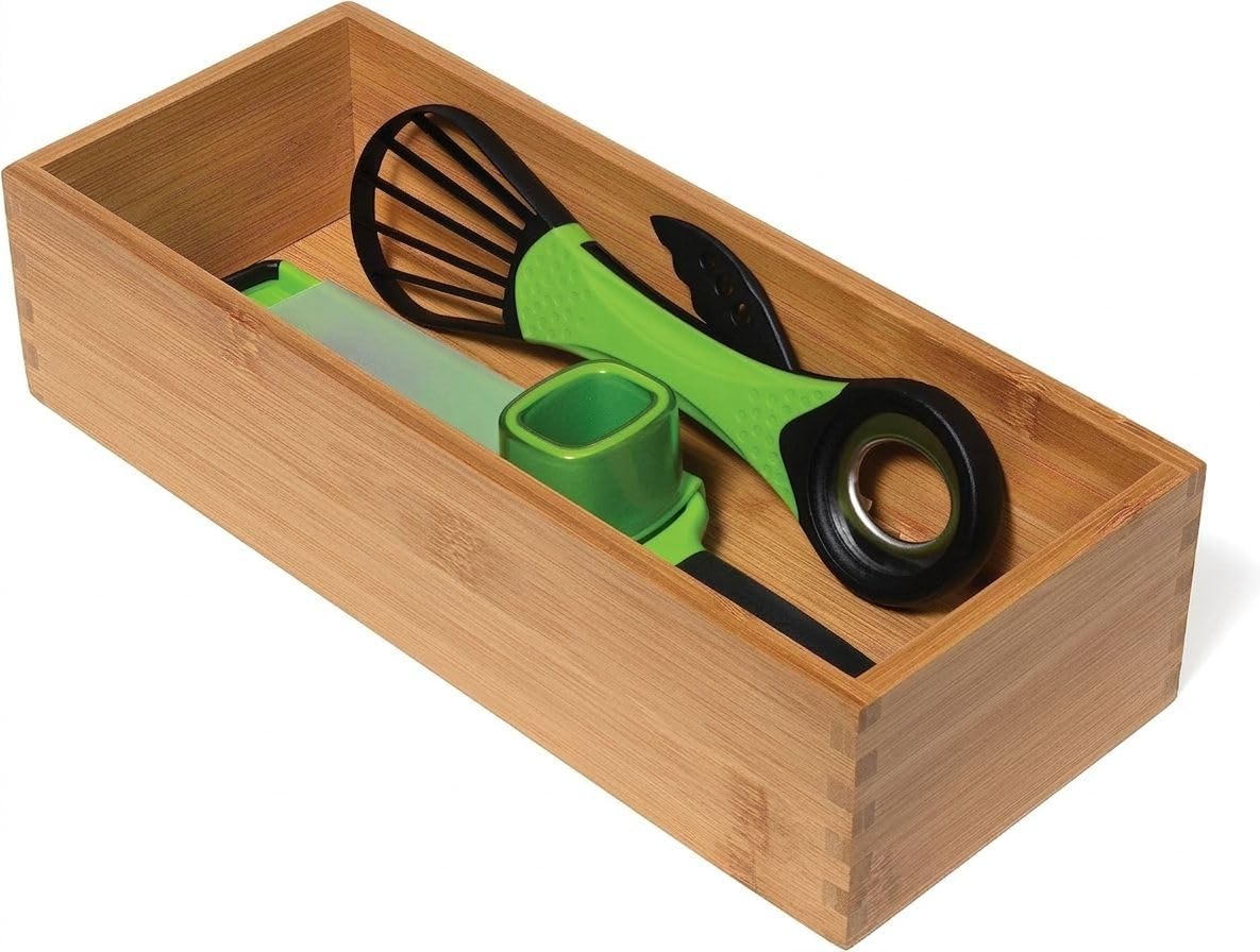 Bamboo Wood Utensil Holder Storage Box for Cooking Tools, Makeup, or Office Supplies, 4" x 9 1/4" x 3"