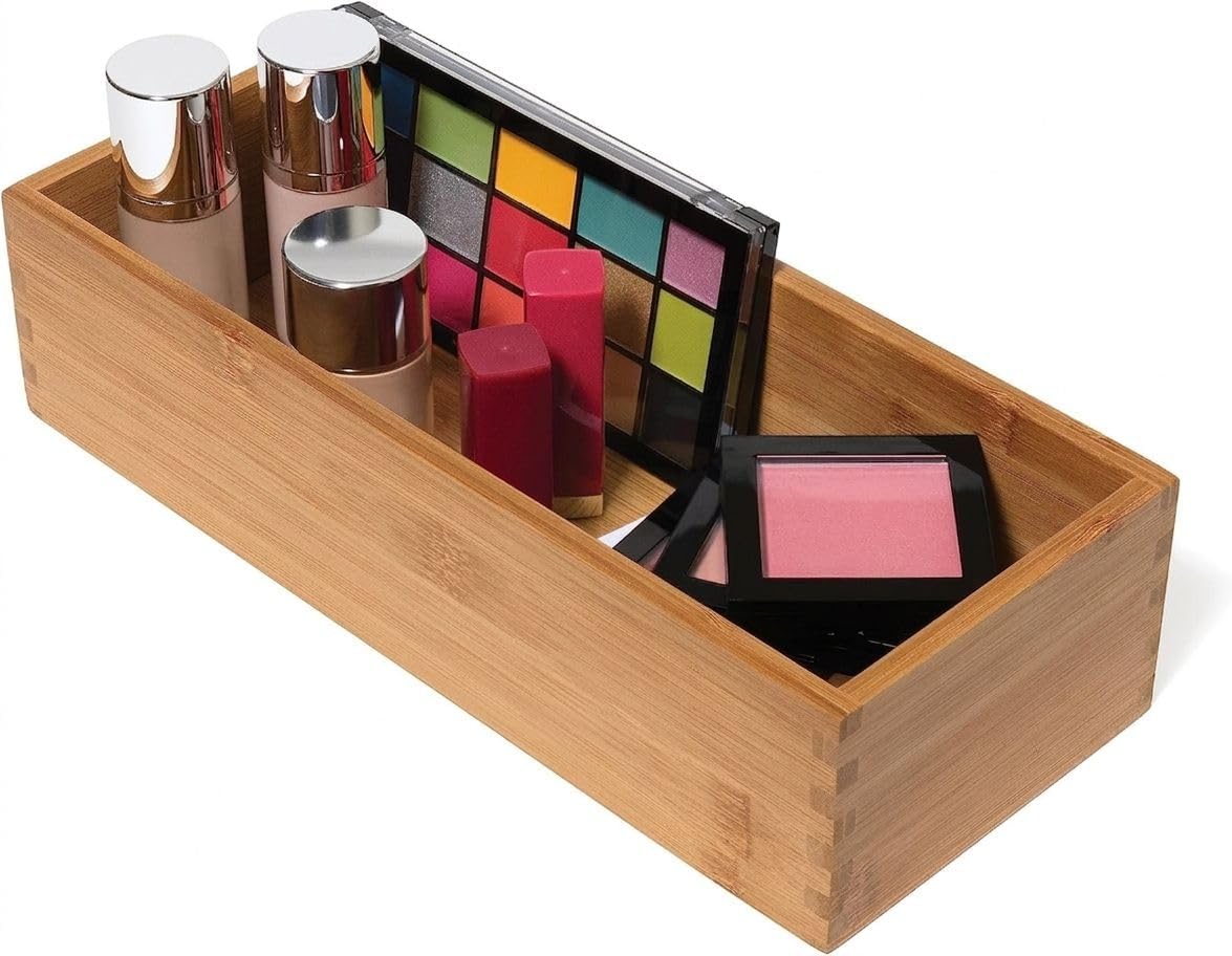Bamboo Wood Utensil Holder Storage Box for Cooking Tools, Makeup, or Office Supplies, 4" x 9 1/4" x 3"