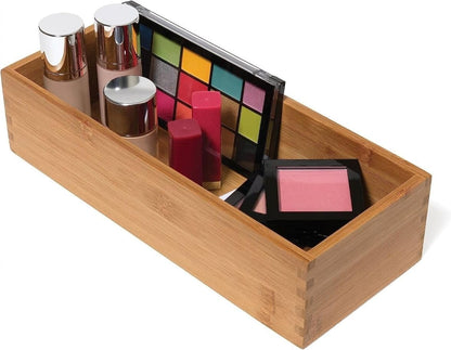 Bamboo Wood Utensil Holder Storage Box for Cooking Tools, Makeup, or Office Supplies, 4" x 9 1/4" x 3"