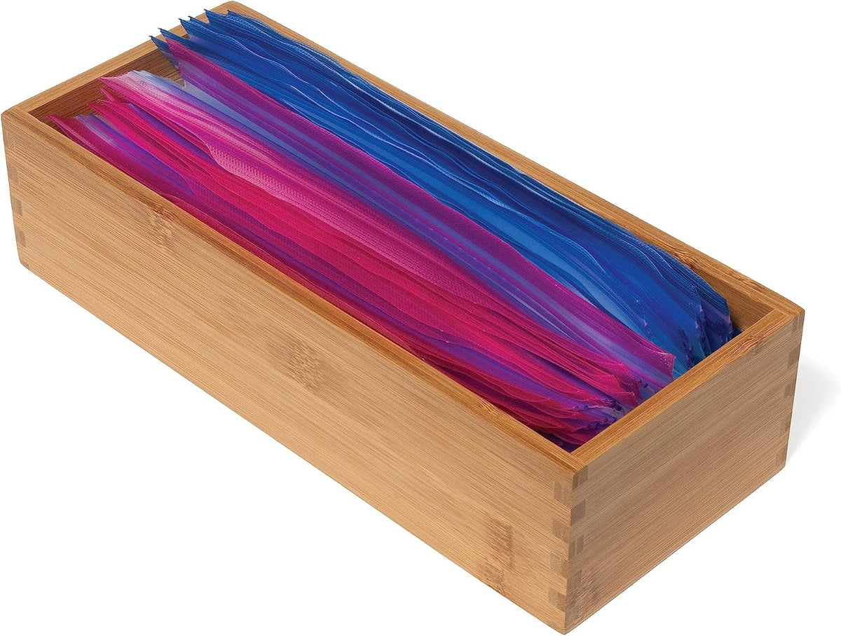 Bamboo Wood Utensil Holder Storage Box for Cooking Tools, Makeup, or Office Supplies, 4" x 9 1/4" x 3"