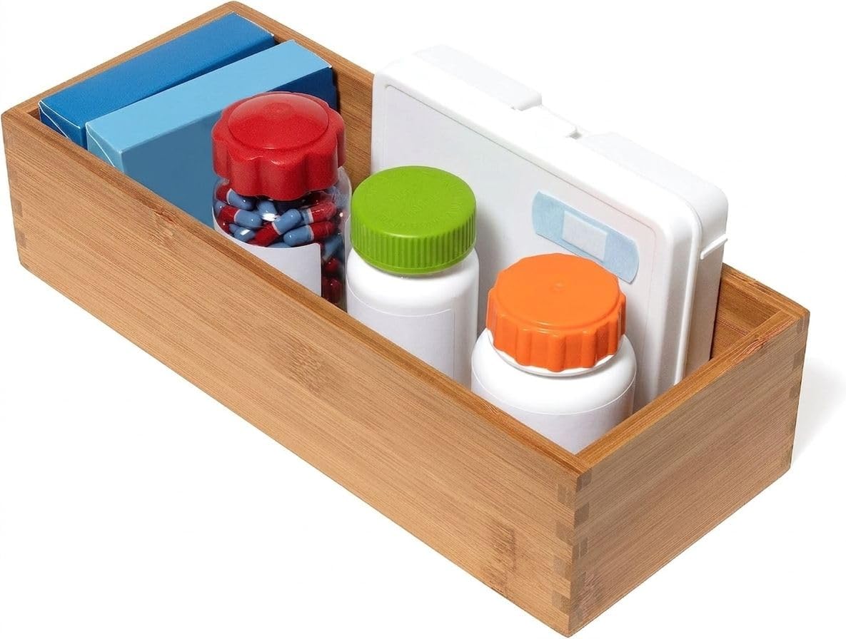 Bamboo Wood Utensil Holder Storage Box for Cooking Tools, Makeup, or Office Supplies, 4" x 9 1/4" x 3"