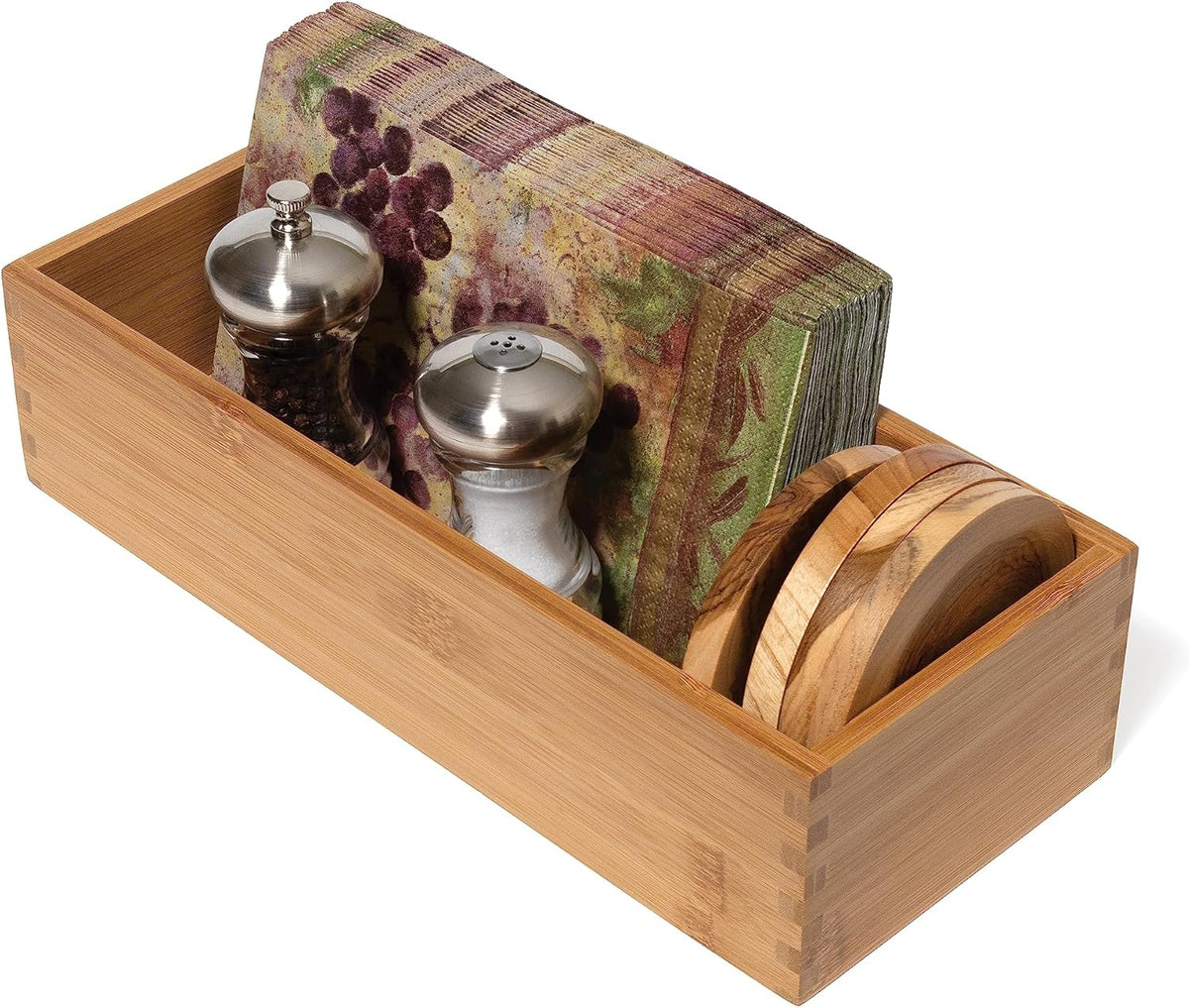 Bamboo Wood Utensil Holder Storage Box for Cooking Tools, Makeup, or Office Supplies, 4" x 9 1/4" x 3"