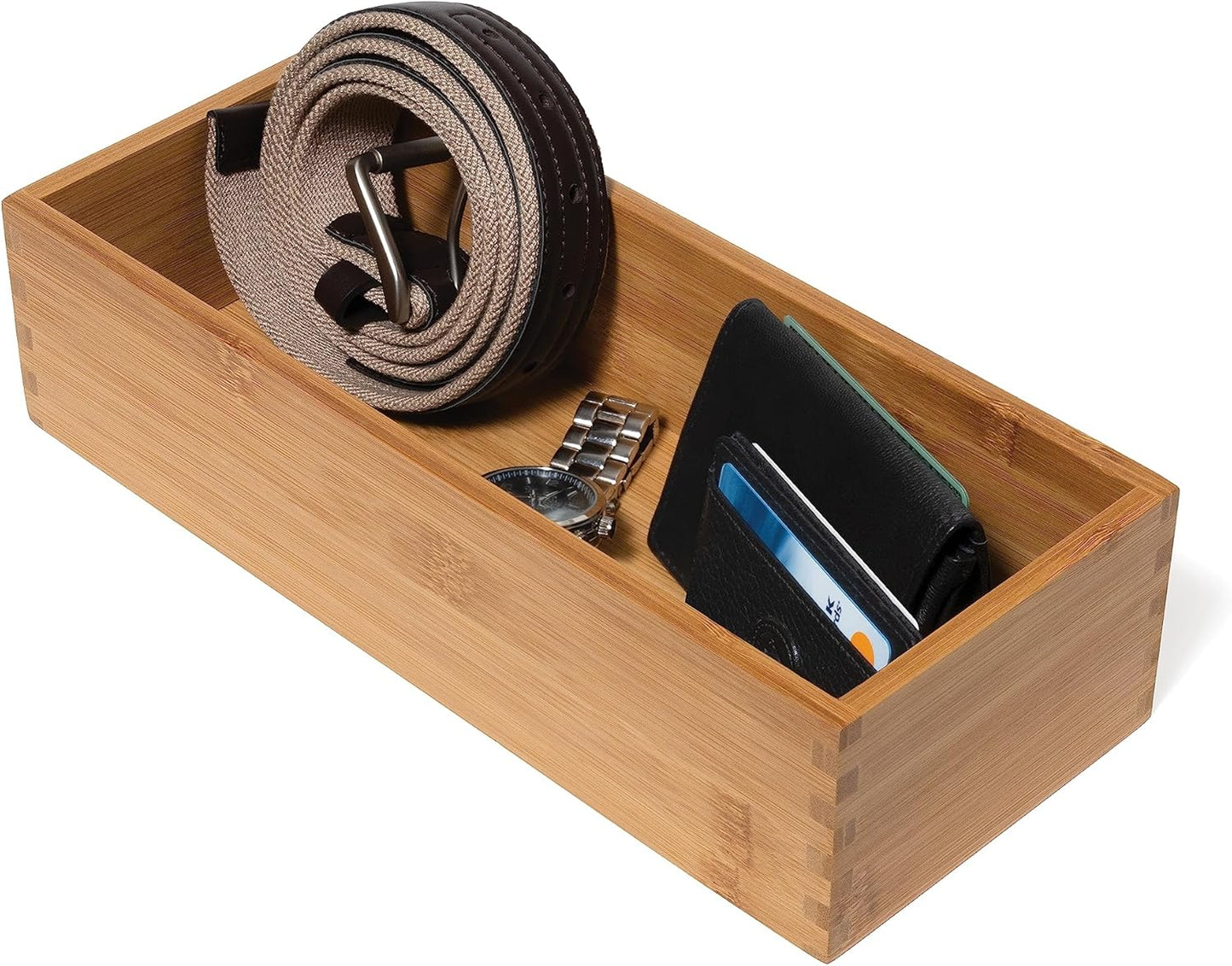 Bamboo Wood Utensil Holder Storage Box for Cooking Tools, Makeup, or Office Supplies, 4" x 9 1/4" x 3"