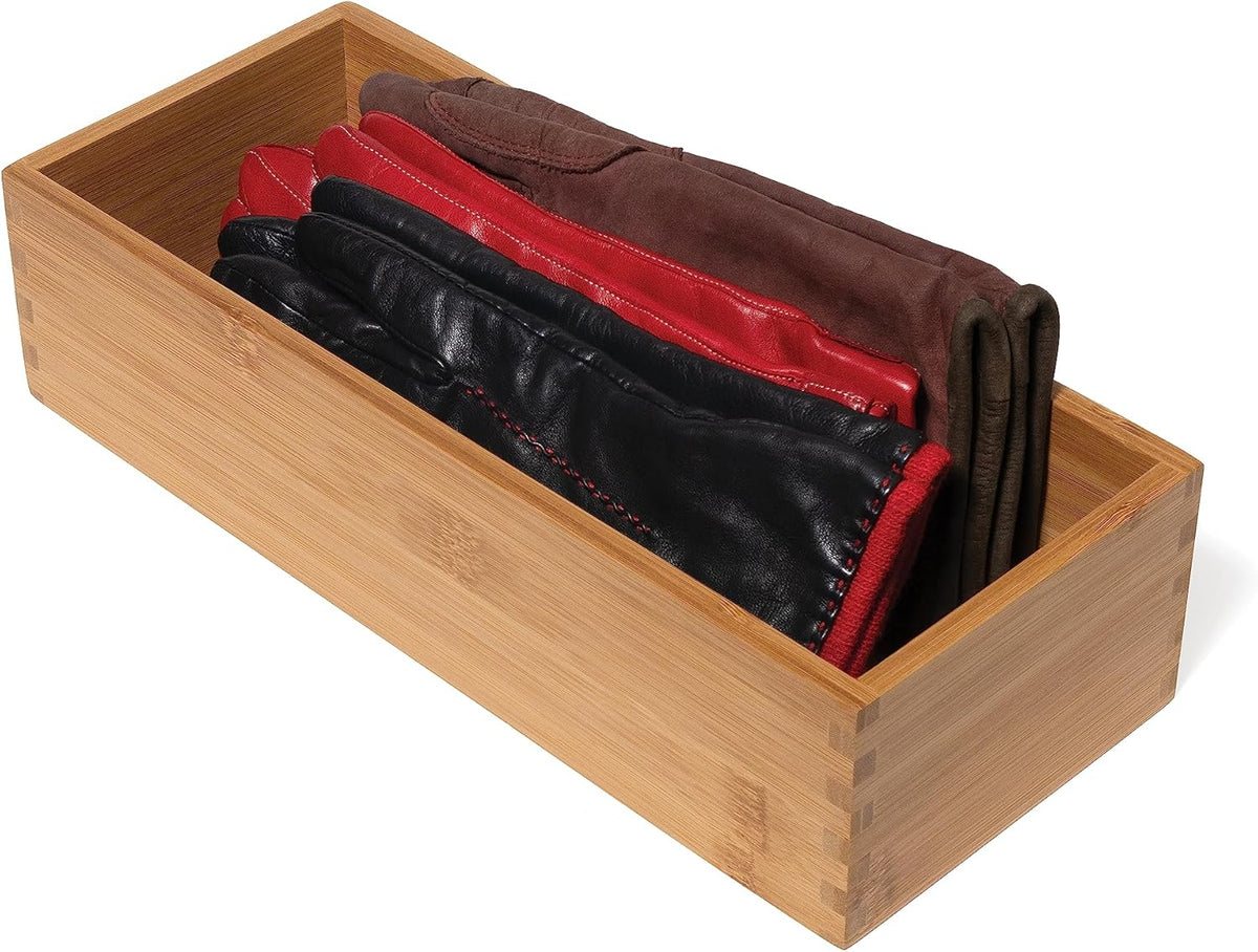 Bamboo Wood Utensil Holder Storage Box for Cooking Tools, Makeup, or Office Supplies, 4" x 9 1/4" x 3"