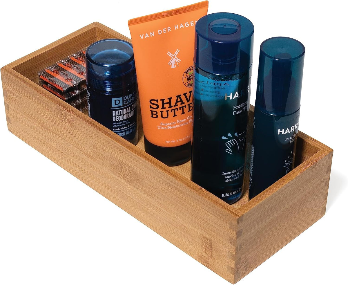 Bamboo Wood Utensil Holder Storage Box for Cooking Tools, Makeup, or Office Supplies, 4" x 9 1/4" x 3"