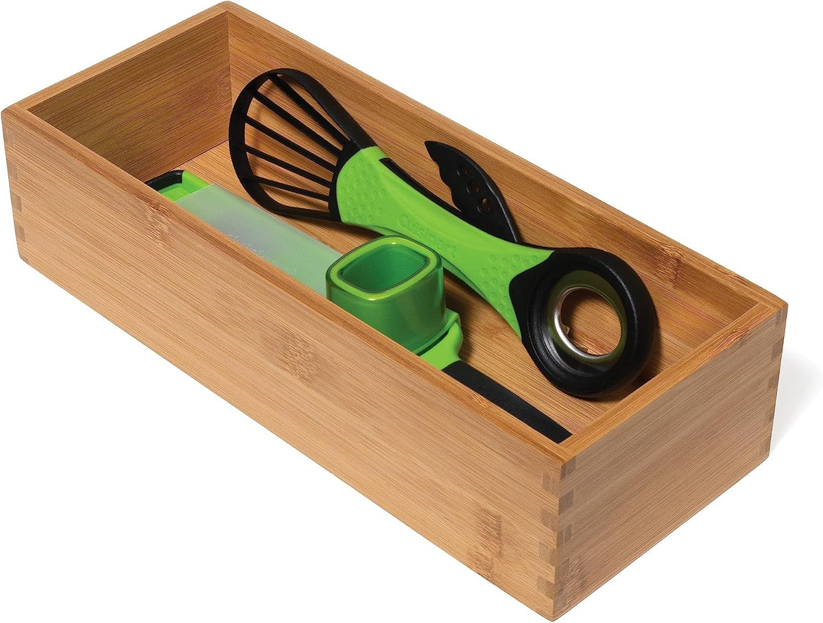 Bamboo Wood Utensil Holder Storage Box for Cooking Tools, Makeup, or Office Supplies, 4" x 9 1/4" x 3"
