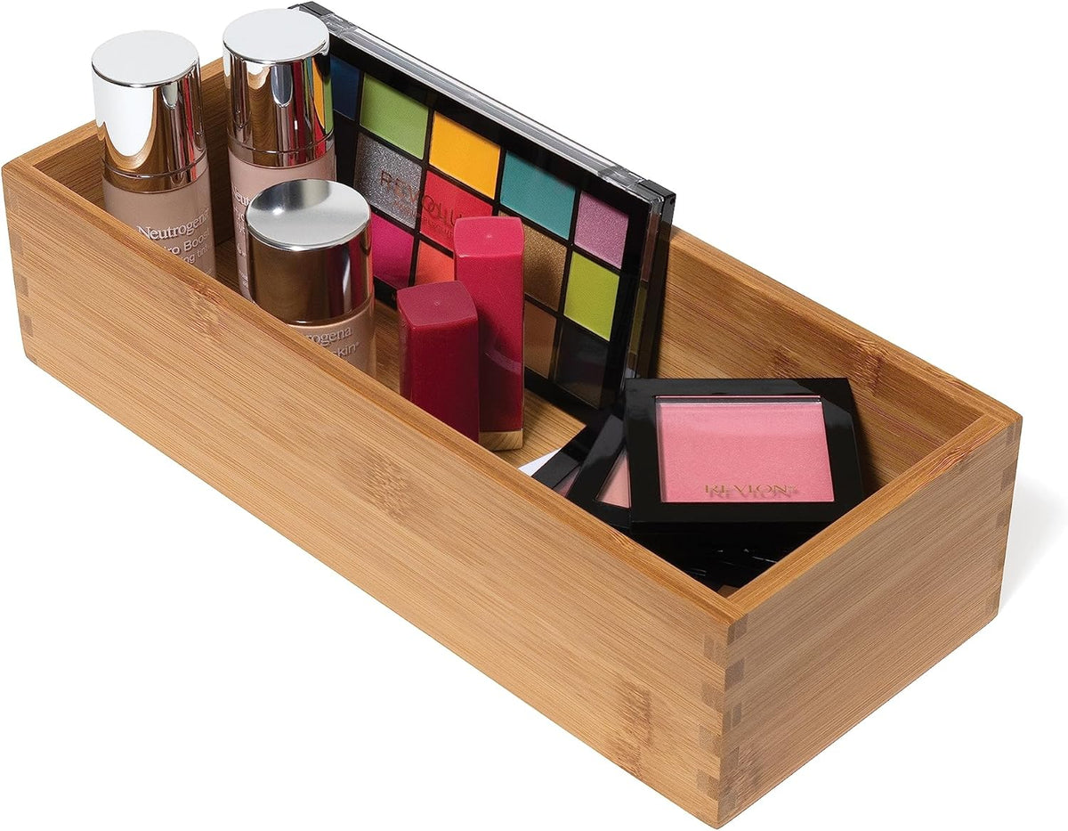 Bamboo Wood Utensil Holder Storage Box for Cooking Tools, Makeup, or Office Supplies, 4" x 9 1/4" x 3"