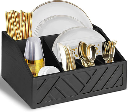 Paper Plate Dispenser, Paper Plate Holder for Kitchen Counter, Wood Rustic Silverware Utensil Caddy, Cutlery Flatware Organizer Box for Cups Spoons Forks Plates Napkins, Kitchen Accessories