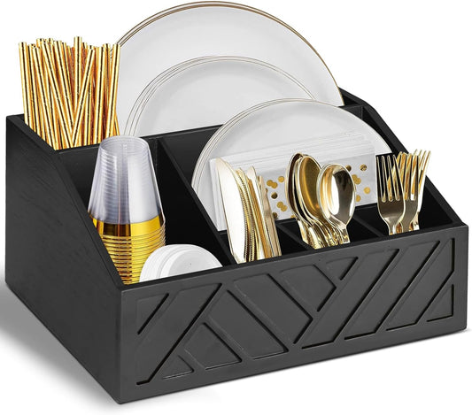 Paper Plate Dispenser, Paper Plate Holder for Kitchen Counter, Wood Rustic Silverware Utensil Caddy, Cutlery Flatware Organizer Box for Cups Spoons Forks Plates Napkins, Kitchen Accessories