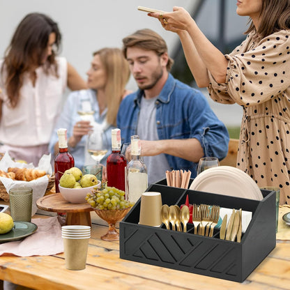 Paper Plate Dispenser, Paper Plate Holder for Kitchen Counter, Wood Rustic Silverware Utensil Caddy, Cutlery Flatware Organizer Box for Cups Spoons Forks Plates Napkins, Kitchen Accessories
