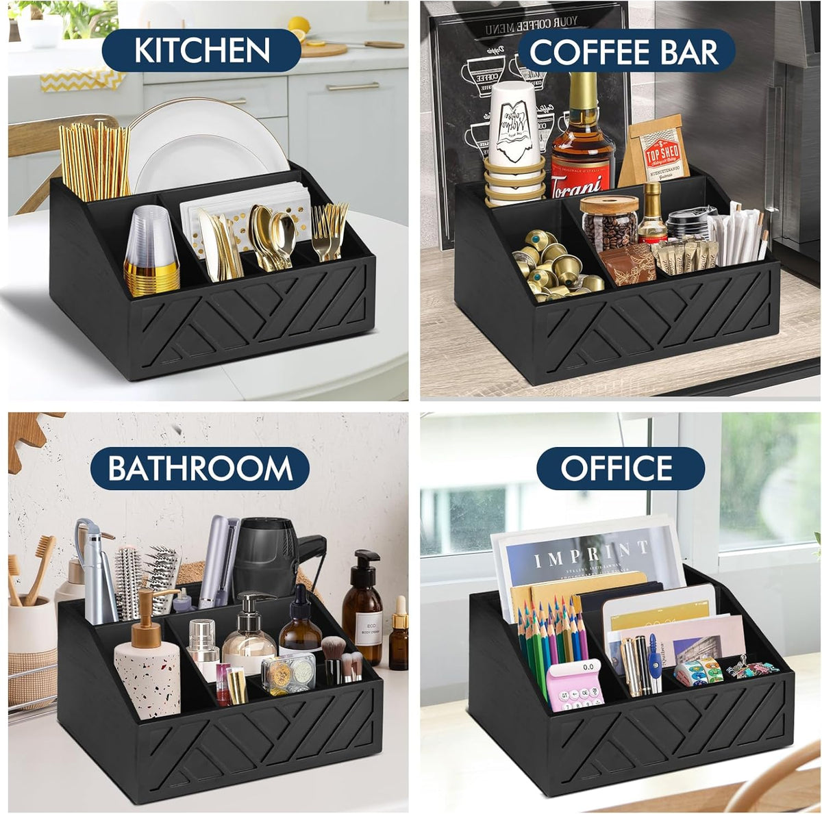 Paper Plate Dispenser, Paper Plate Holder for Kitchen Counter, Wood Rustic Silverware Utensil Caddy, Cutlery Flatware Organizer Box for Cups Spoons Forks Plates Napkins, Kitchen Accessories
