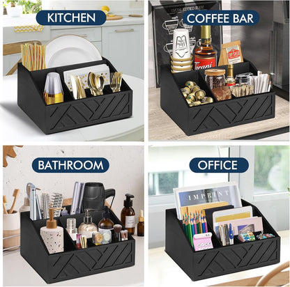 Paper Plate Dispenser, Paper Plate Holder for Kitchen Counter, Wood Rustic Silverware Utensil Caddy, Cutlery Flatware Organizer Box for Cups Spoons Forks Plates Napkins, Kitchen Accessories