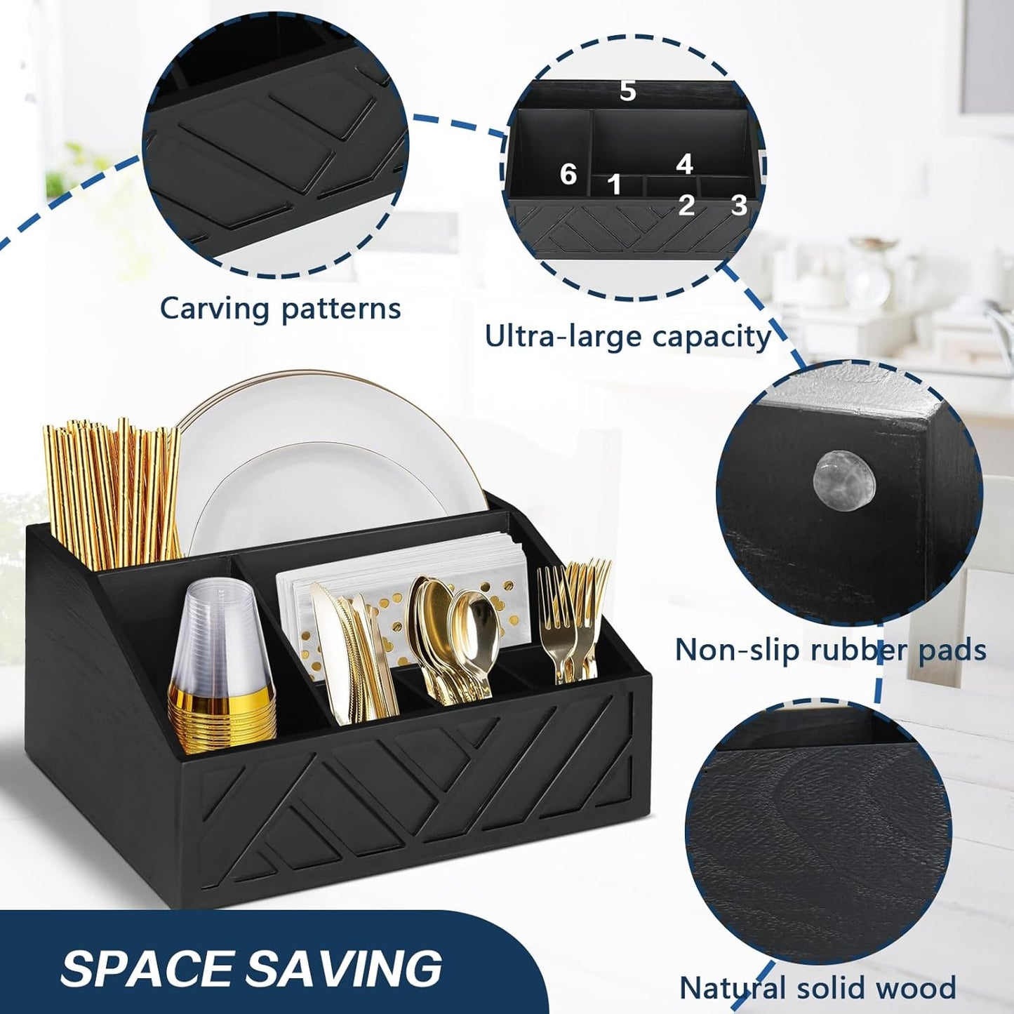 Paper Plate Dispenser, Paper Plate Holder for Kitchen Counter, Wood Rustic Silverware Utensil Caddy, Cutlery Flatware Organizer Box for Cups Spoons Forks Plates Napkins, Kitchen Accessories