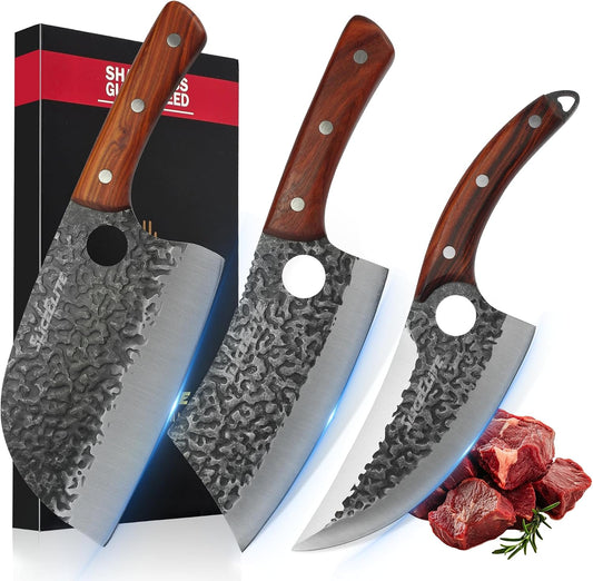 Hand-Forged Professional Butcher Knife (3 PC BUTCHER KNIFE SET W/SANDLEWOOD HANDLES)