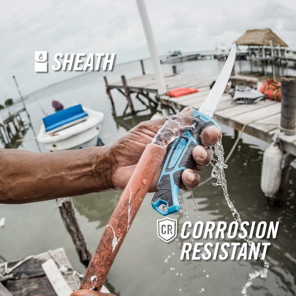 Gear Controller - Saltwater-Resistant Fishing Fillet Knife with Sheath & Built-In Knife Sharpener - Premium Fishing Gear - 10", Cyan