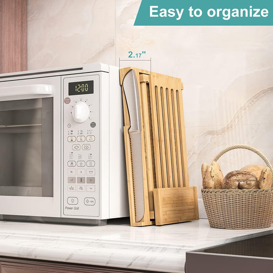Bamboo Bread Slicer with Serrated Knife, Adjustable Guide for 3 Thickness Sizes, Foldable Chopping Board with Crumb Tray, Great for Homemade Bread, Cakes, Bagels