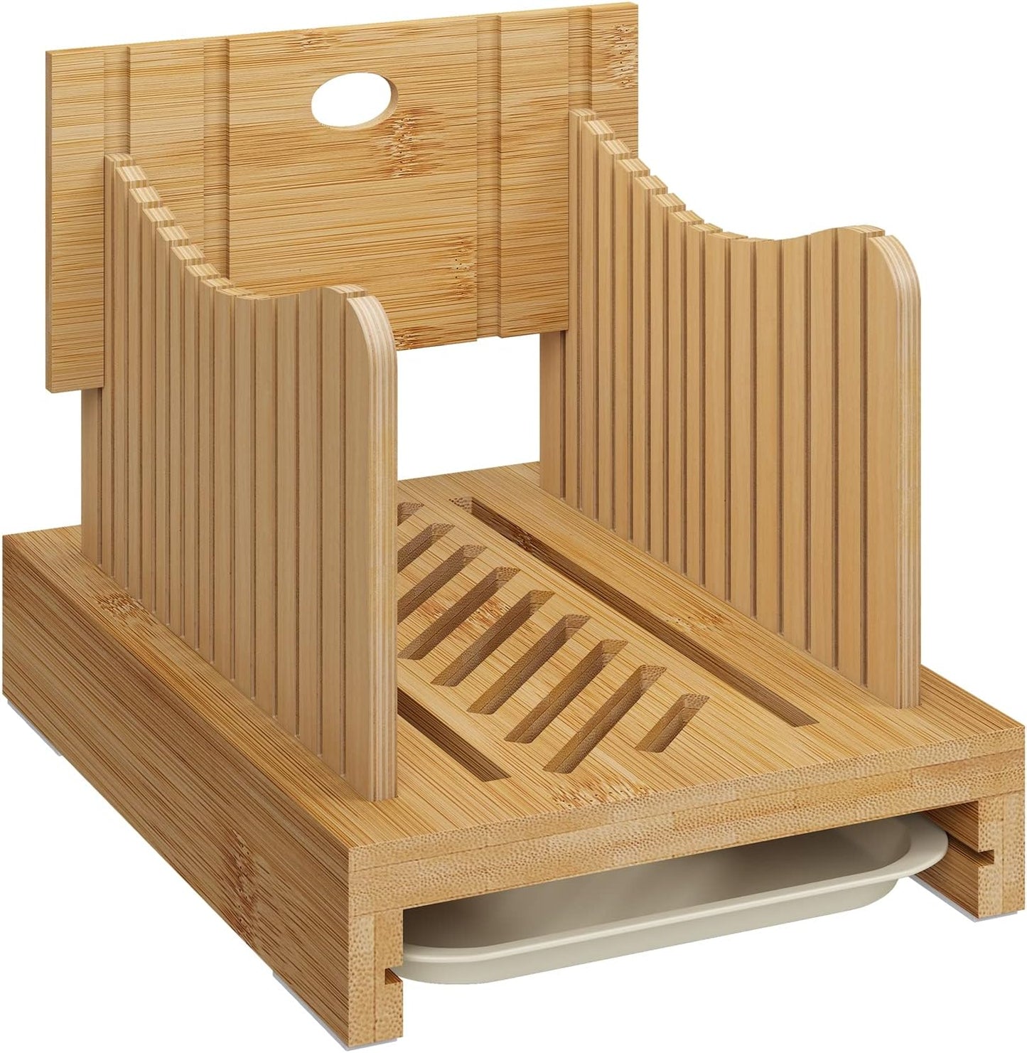 Bamboo Bread Slicer with Serrated Knife, Adjustable Guide for 3 Thickness Sizes, Foldable Chopping Board with Crumb Tray, Great for Homemade Bread, Cakes, Bagels