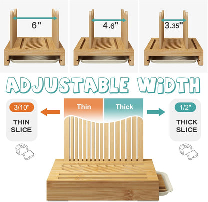 Bamboo Bread Slicer with Serrated Knife, Adjustable Guide for 3 Thickness Sizes, Foldable Chopping Board with Crumb Tray, Great for Homemade Bread, Cakes, Bagels
