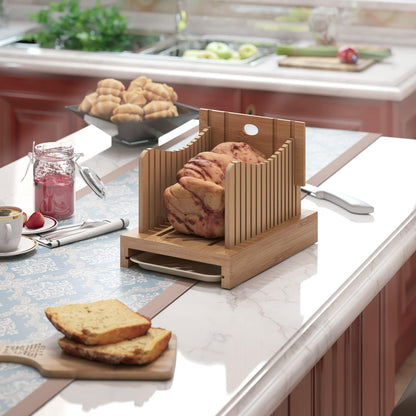 Bamboo Bread Slicer with Serrated Knife, Adjustable Guide for 3 Thickness Sizes, Foldable Chopping Board with Crumb Tray, Great for Homemade Bread, Cakes, Bagels
