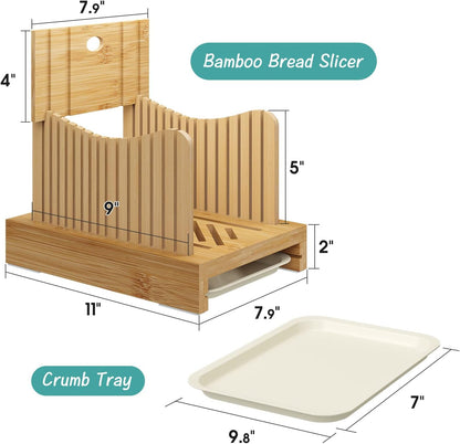 Bamboo Bread Slicer with Serrated Knife, Adjustable Guide for 3 Thickness Sizes, Foldable Chopping Board with Crumb Tray, Great for Homemade Bread, Cakes, Bagels