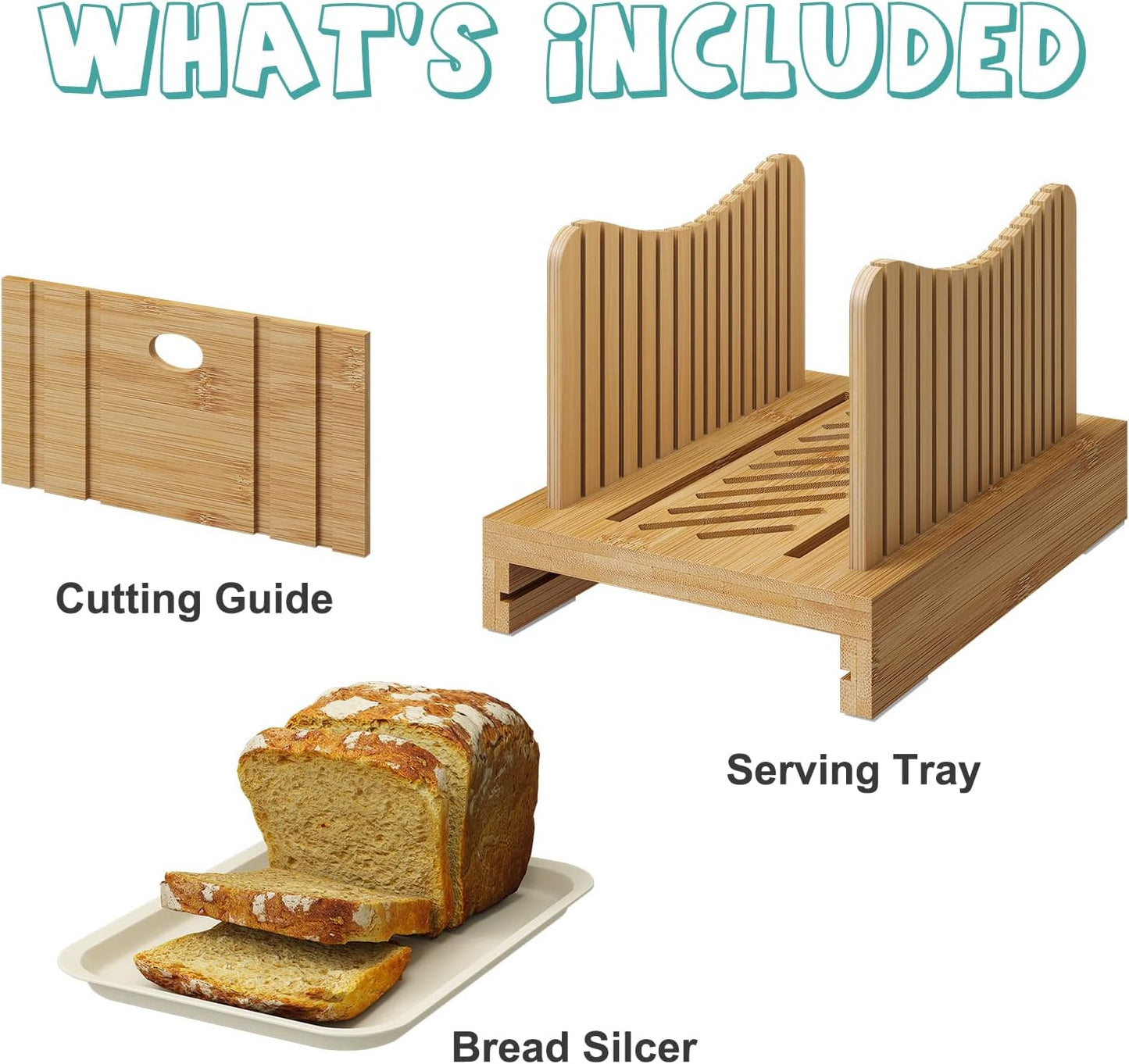 Bamboo Bread Slicer with Serrated Knife, Adjustable Guide for 3 Thickness Sizes, Foldable Chopping Board with Crumb Tray, Great for Homemade Bread, Cakes, Bagels