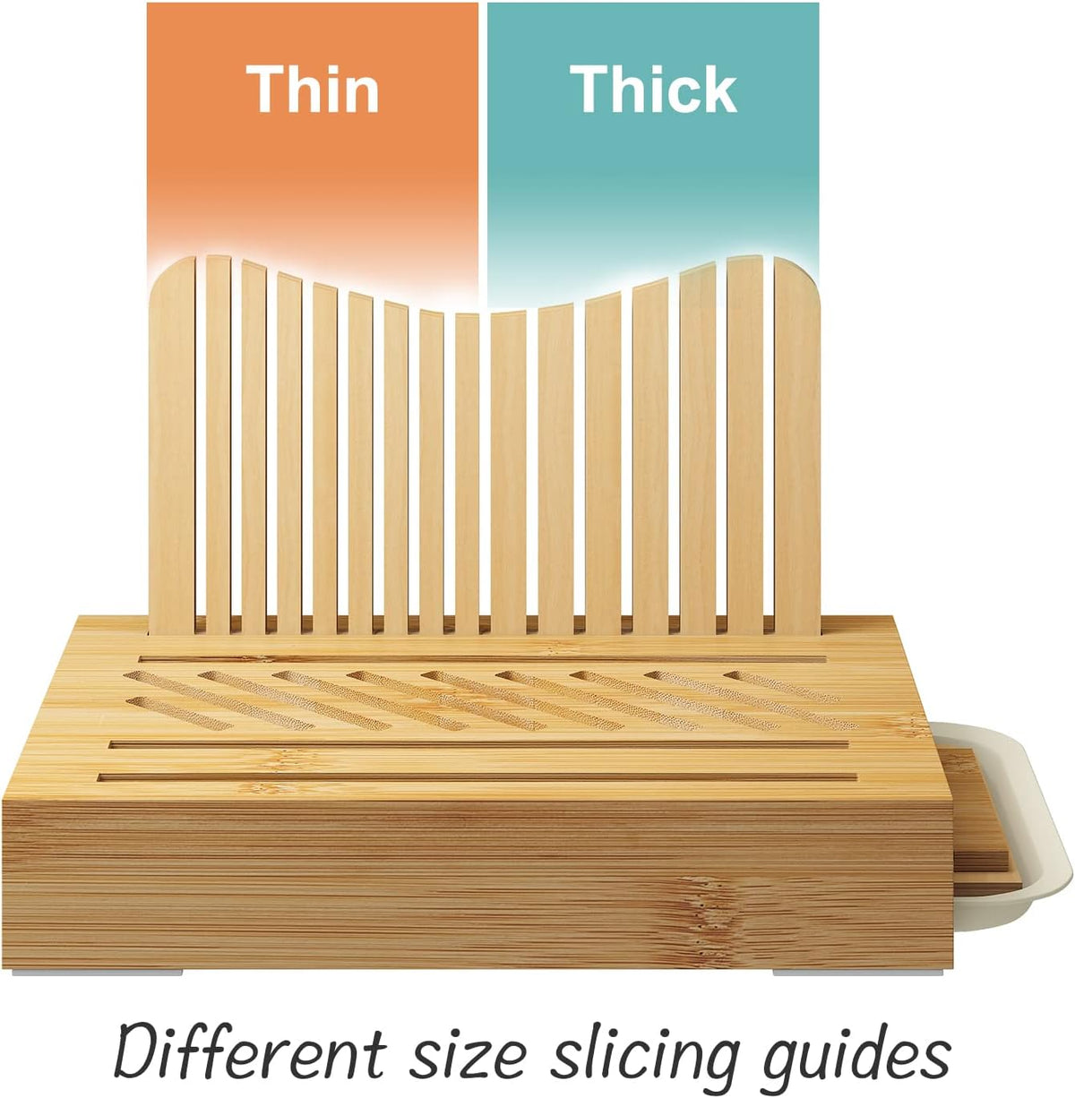 Bamboo Bread Slicer with Serrated Knife, Adjustable Guide for 3 Thickness Sizes, Foldable Chopping Board with Crumb Tray, Great for Homemade Bread, Cakes, Bagels