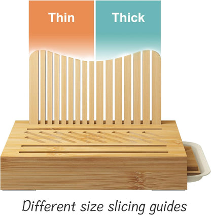 Bamboo Bread Slicer with Serrated Knife, Adjustable Guide for 3 Thickness Sizes, Foldable Chopping Board with Crumb Tray, Great for Homemade Bread, Cakes, Bagels