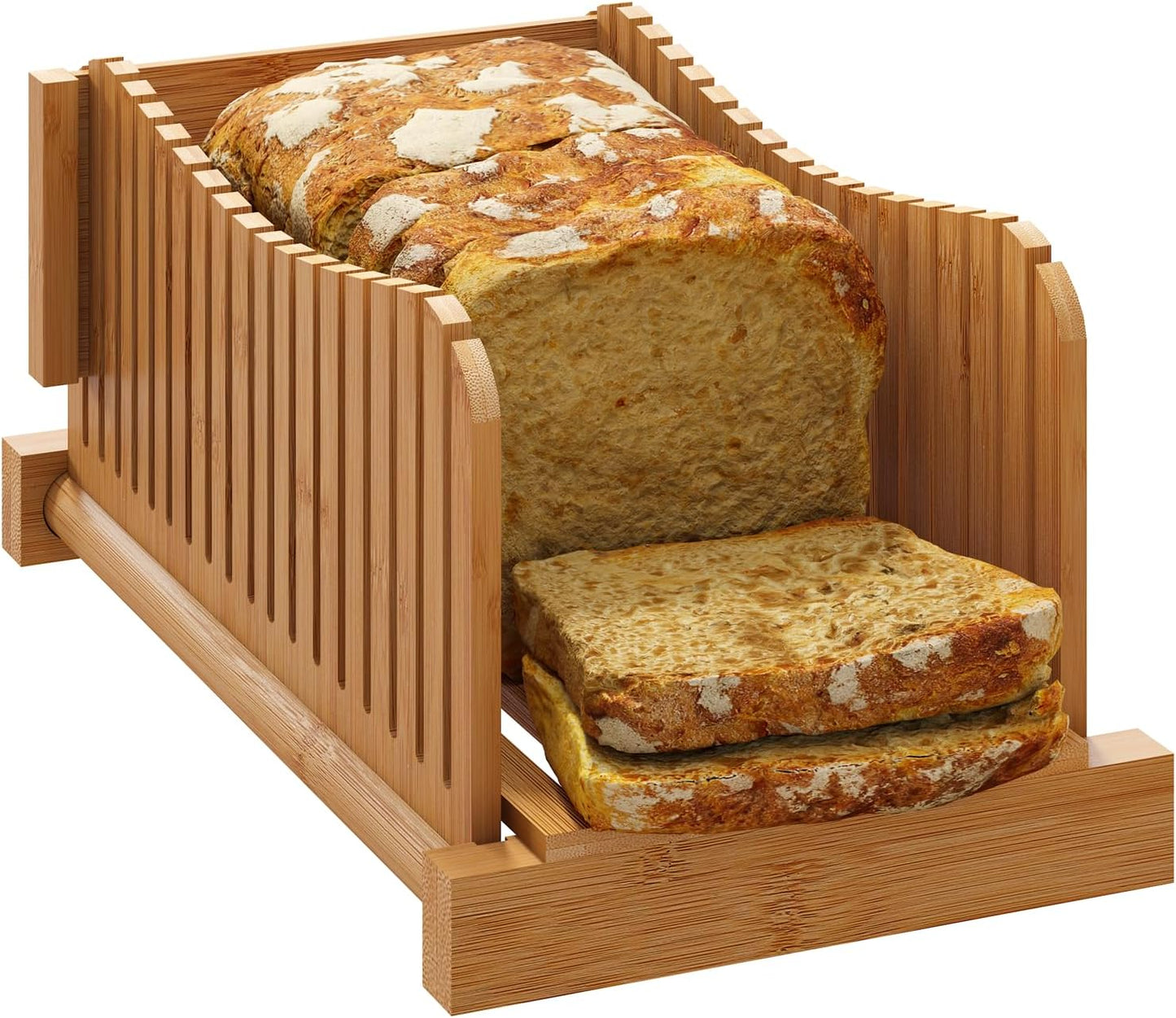 Bamboo Bread Slicer with Serrated Knife, Adjustable Guide for 3 Thickness Sizes, Foldable Chopping Board with Crumb Tray, Great for Homemade Bread, Cakes, Bagels