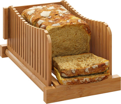 Bamboo Bread Slicer with Serrated Knife, Adjustable Guide for 3 Thickness Sizes, Foldable Chopping Board with Crumb Tray, Great for Homemade Bread, Cakes, Bagels