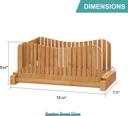 Bamboo Bread Slicer with Serrated Knife, Adjustable Guide for 3 Thickness Sizes, Foldable Chopping Board with Crumb Tray, Great for Homemade Bread, Cakes, Bagels