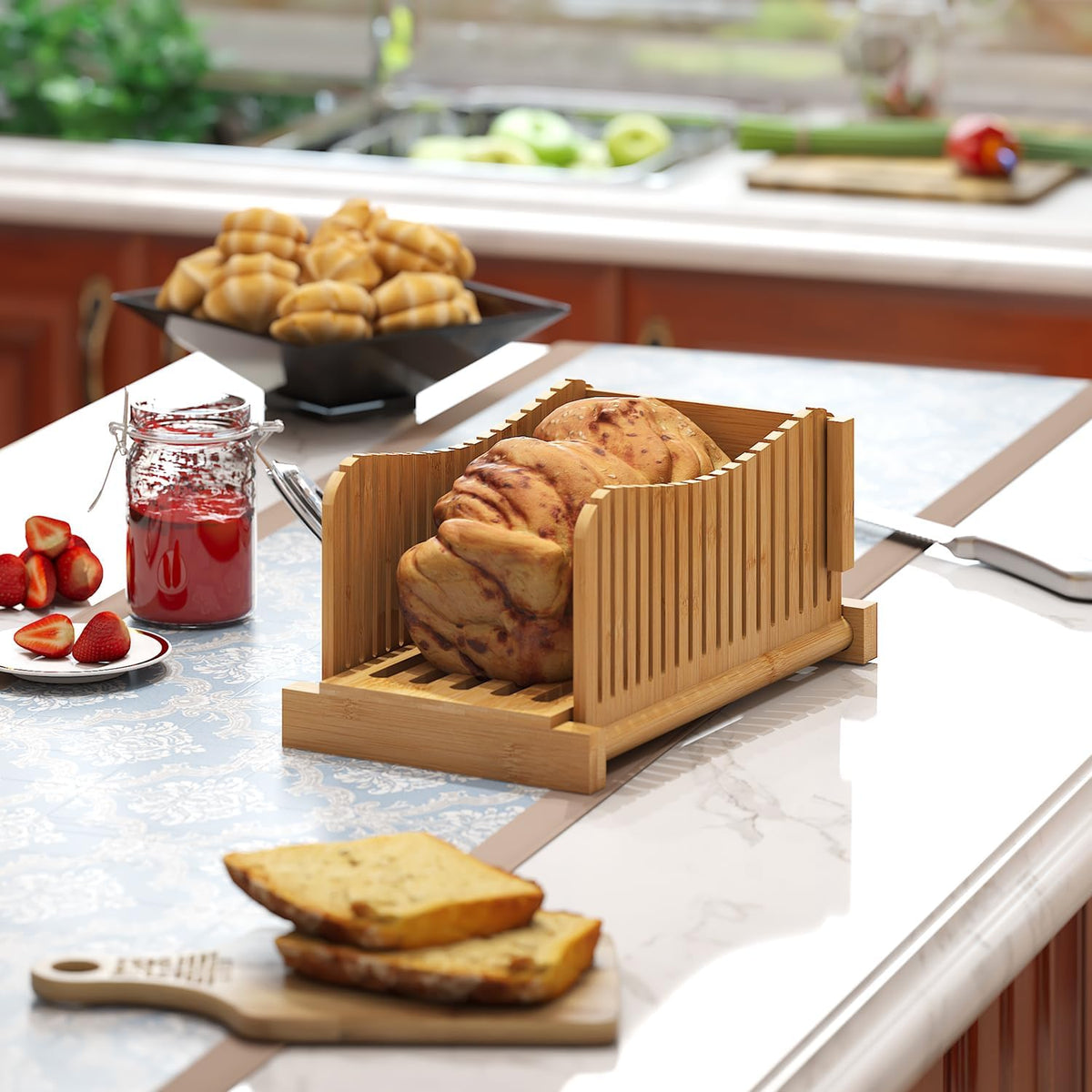 Bamboo Bread Slicer with Serrated Knife, Adjustable Guide for 3 Thickness Sizes, Foldable Chopping Board with Crumb Tray, Great for Homemade Bread, Cakes, Bagels