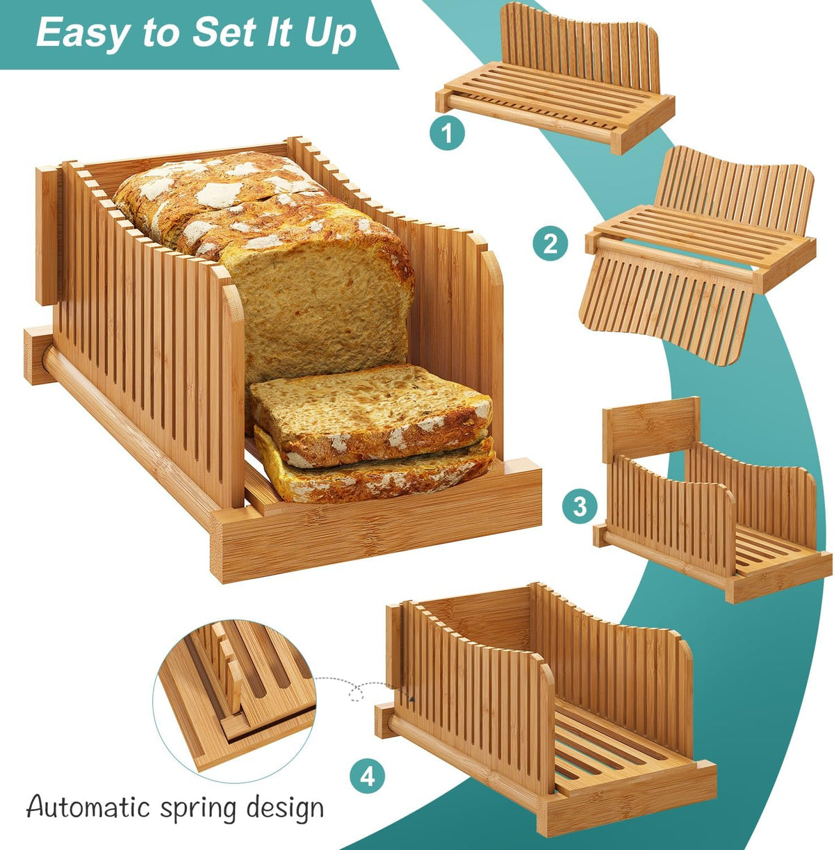 Bamboo Bread Slicer with Serrated Knife, Adjustable Guide for 3 Thickness Sizes, Foldable Chopping Board with Crumb Tray, Great for Homemade Bread, Cakes, Bagels
