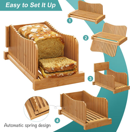 Bamboo Bread Slicer with Serrated Knife, Adjustable Guide for 3 Thickness Sizes, Foldable Chopping Board with Crumb Tray, Great for Homemade Bread, Cakes, Bagels