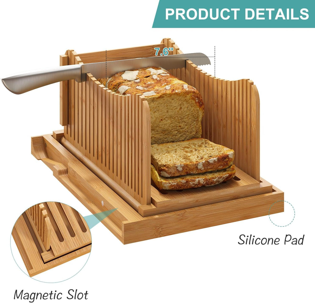 Bamboo Bread Slicer with Serrated Knife, Adjustable Guide for 3 Thickness Sizes, Foldable Chopping Board with Crumb Tray, Great for Homemade Bread, Cakes, Bagels