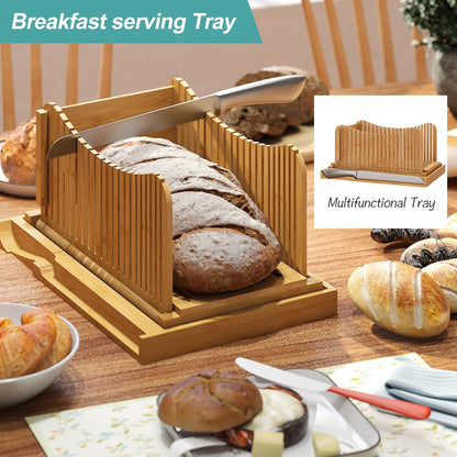 Bamboo Bread Slicer with Serrated Knife, Adjustable Guide for 3 Thickness Sizes, Foldable Chopping Board with Crumb Tray, Great for Homemade Bread, Cakes, Bagels