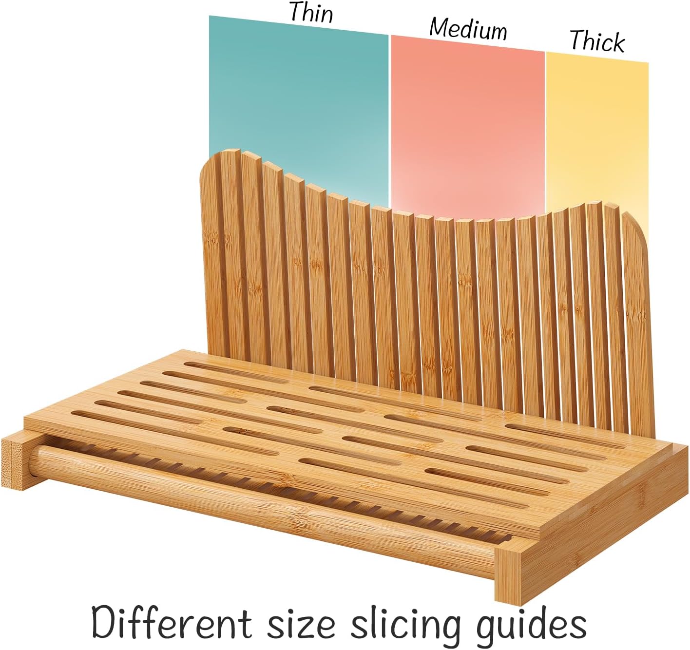 Bamboo Bread Slicer with Serrated Knife, Adjustable Guide for 3 Thickness Sizes, Foldable Chopping Board with Crumb Tray, Great for Homemade Bread, Cakes, Bagels